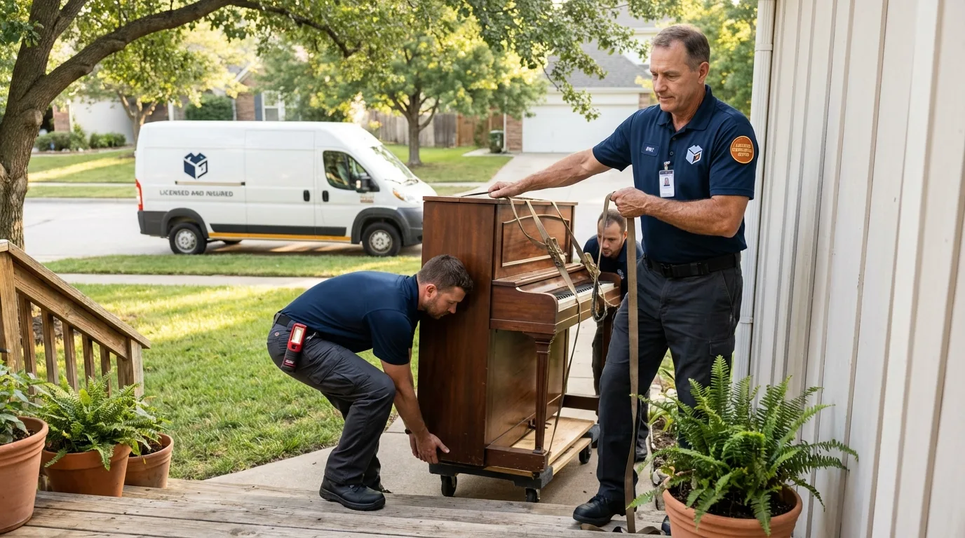Licensed piano movers securing grand piano in Virginia Beach, VA