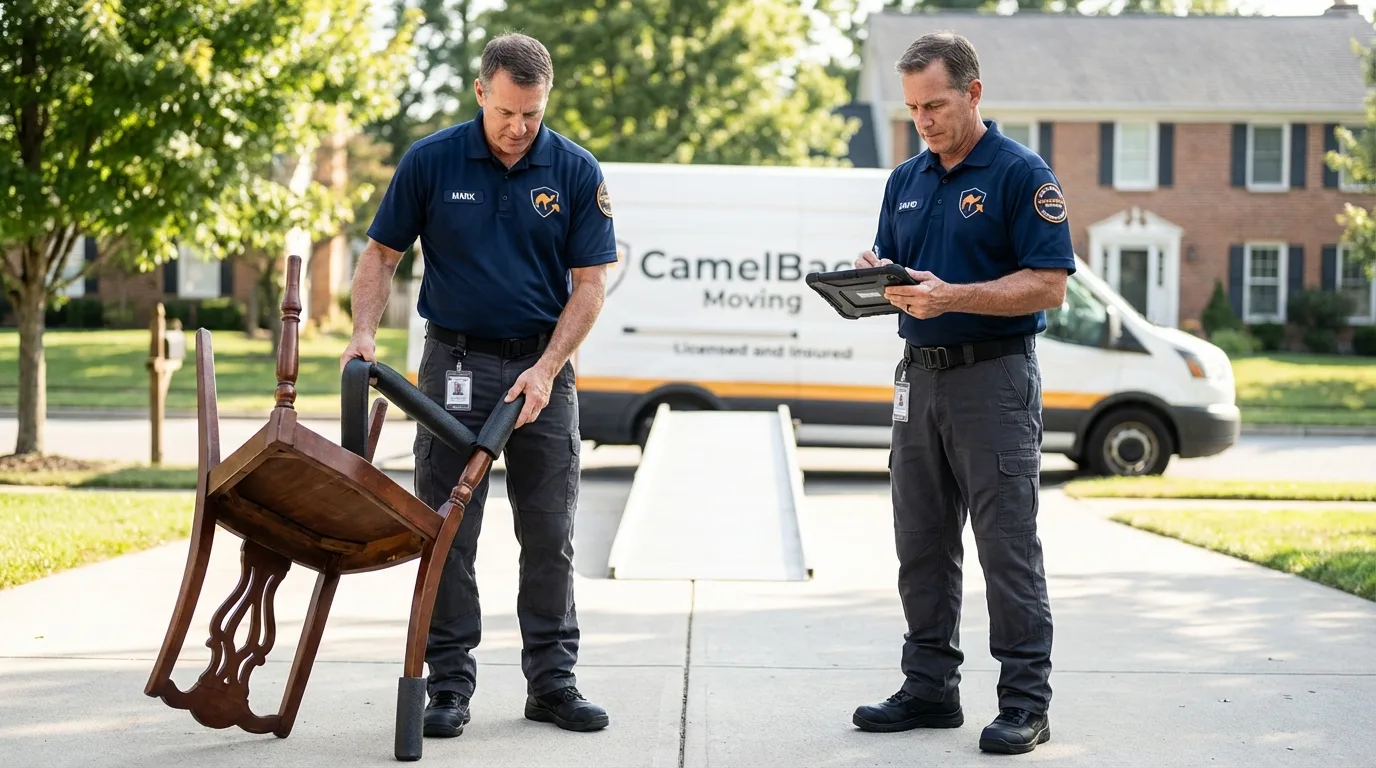 Movers inspecting furniture for damage prevention before loading in Virginia Beach, VA