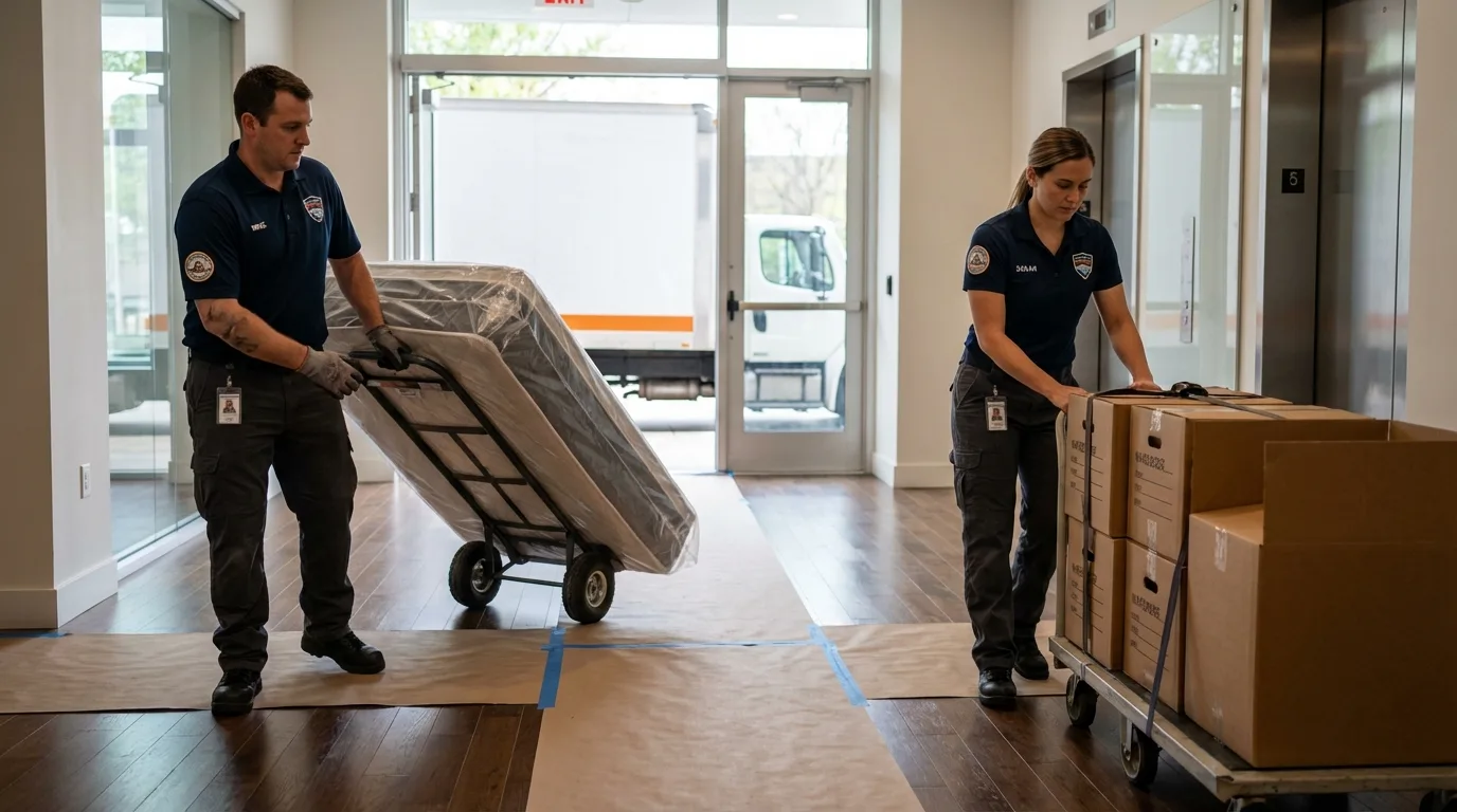Professional apartment movers loading elevator in Virginia Beach, VA